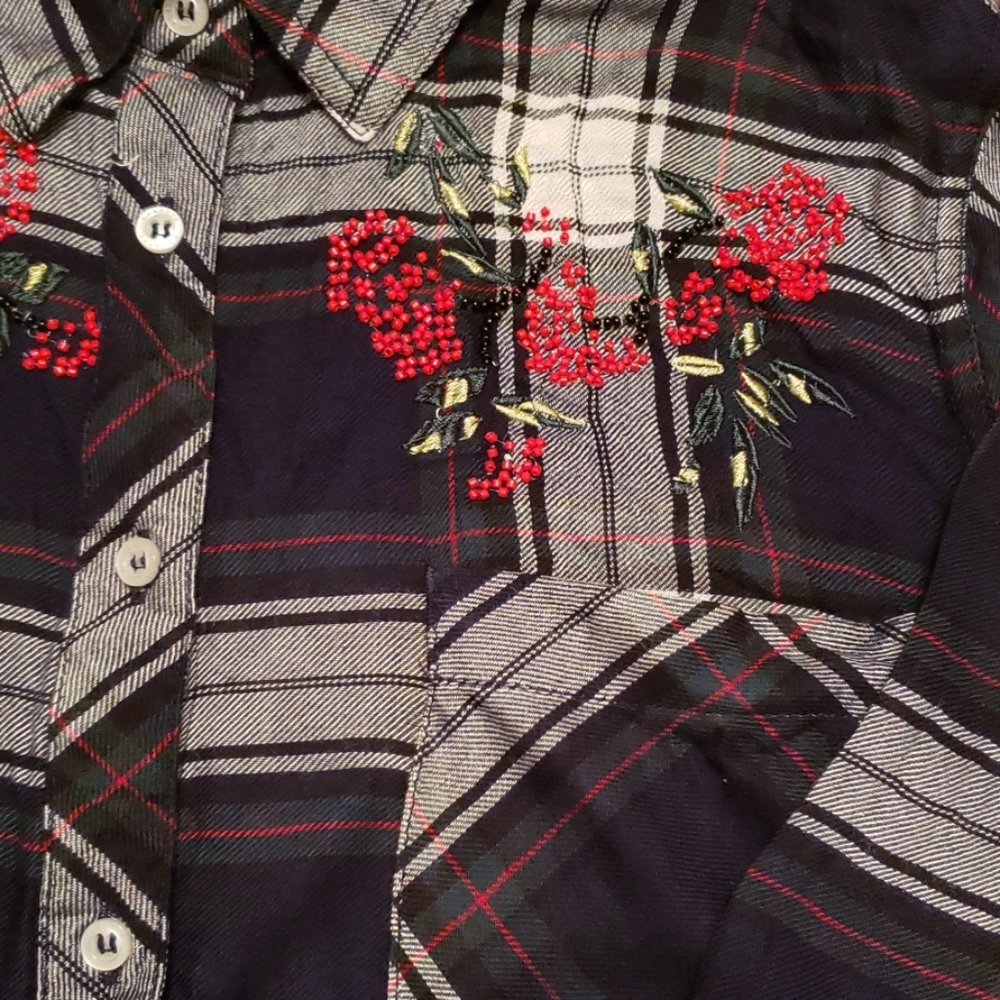 Nanette Lepore Navy Blue beaded plaid top - Picture 4 of 4